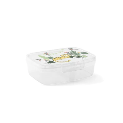 Átlátszó műanyag tárolódoboz, 1,8 liter űrtartalommal, díszített fedéllel, amely trópusi növényeket és egy leopárdot ábrázol. Praktikus ételtárolásra és kisebb tárgyak rendszerezésére, stabil záródással rendelkezik.