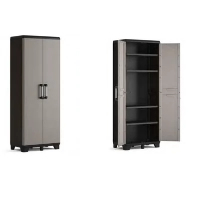 Fekete és szürke KETER 'PRO' magasszekrény, alumínium fogantyúkkal, zárható ajtókkal és négy állítható polccal, amelyek egyenként 20 kg-ot bírnak. Az elegáns tervezés stabilitás érdekében műanyag sarkokkal és központi lábakkal