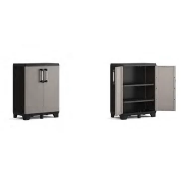 Alumínium fogantyúval rendelkező KETER 'PRO' alacsony szekrény, fém rudakkal megerősített polcokkal, amelyek egyenként 20 kg-ot bírnak el. Zárható, állítható polcokkal és lábakkal, stabilitást növelő műanyag sarkokkal.