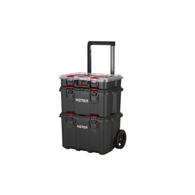 Gurulós szerszámosláda szett, a KETER 'Stack'N'Roll' termékcsaládból, fekete színben, tartós műanyagból, teleszkópos fogantyúval és kerekekkel. Két egymásra rakható rekeszből áll, ideális tárolási megoldás.