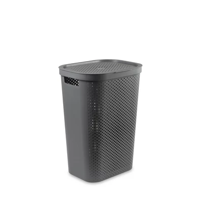 Szürke, perforált műanyag szennyestartó 60L űrtartalommal, modern, skandináv dizájn jellemzi, letisztult vonalakkal és zárható fedéllel. Ideális fürdőszobák és hálószobák tárolási megoldása.