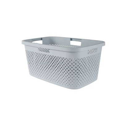 CURVER "Pure" szennyestartó kosár 47 literes, világoskék színben, légáteresztő rattan hatású kialakítással és ergonomikus fogantyúkkal a kényelmes szállítás érdekében.