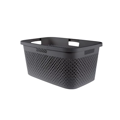 CURVER "Pure" szennyestartó kosár 47 literes űrtartalommal, elegáns fekete színben, modern rattan hatású dizájnnal és kényelmes, oldalán elhelyezett fogantyúkkal.