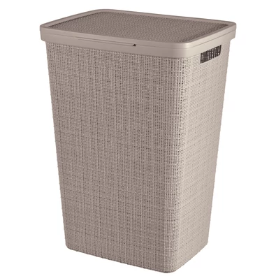CURVER "Jute" szennyestartó 58 literes, homokszínű kivitelben, természetes hatású szövött mintázattal és zárható fedéllel, ideális fürdőszobai vagy hálószobai használatra.