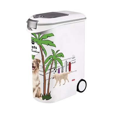 Fehér színű CURVER állateledel tároló doboz, 20 kg kapacitással és 54 liter űrtartalommal. Ajtaja zárható, a tetején mérőkanál és kis felnyitható fedél segíti az adagolást. Fekete kerekekkel és kutyás mintázattal díszítve.