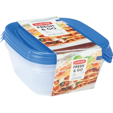 CURVER 'FRESH&amp;GO' szögletes ételtartó szett, 3x0,8L, átlátszó és kék színben, funkcionális műanyagból készült. Hűtőszekrényben tárolható, mikrohullámú sütőben melegíthető, egymásra helyezhető. Az oldalfal átlátszó, a