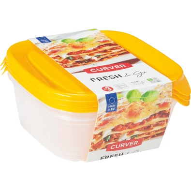 Transzparens műanyag ételtartó szett, narancssárga fedéllel, három darab 0,8 literes tárolóval. Az ételtárolók hűtőben tárolhatók és mikrohullámú sütőben is melegíthetők. Domború, praktikus kialakítású.