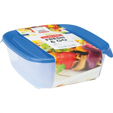 CURVER 'FRESH&amp;GO' szögletes ételtartó szett, átlátszó kivitelben, kék fedéllel. Szettek: 0,25L, 0,8L, 1,7L, 2,9L űrtartalommal. Mikrohullámú sütőben melegíthető, hűtőszekrényben tárolható, egymásra helyezhető, mosogatógépben