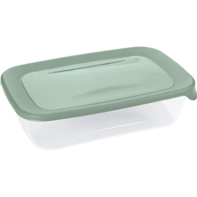 Átlátszó műanyag ételtároló doboz zöld színű, jól záródó fedéllel. Friss ételek, maradékok vagy uzsonna higiénikus tárolására alkalmas, praktikus és tartós kialakítással.