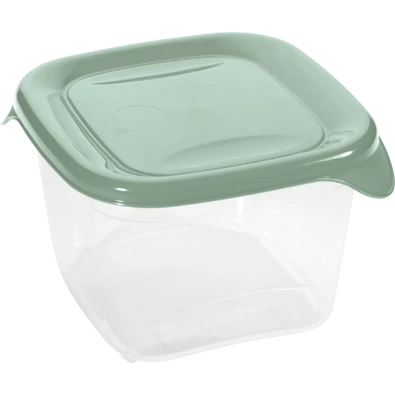 Átlátszó műanyag ételtároló doboz zöld színű fedéllel és oldalsó füllel. Hasznos konyhai kiegészítő ételek frissen tartásához, szállításához vagy fagyasztásához.