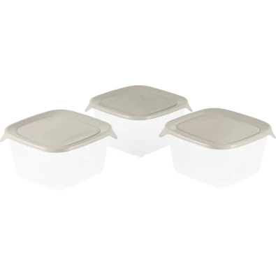 Három darab átlátszó műanyag ételtároló doboz bézs fedéllel, egyenként 1,2 liter űrtartalommal. Ideális friss ételek rendszerezett tárolására, hűtésére vagy szállítására.