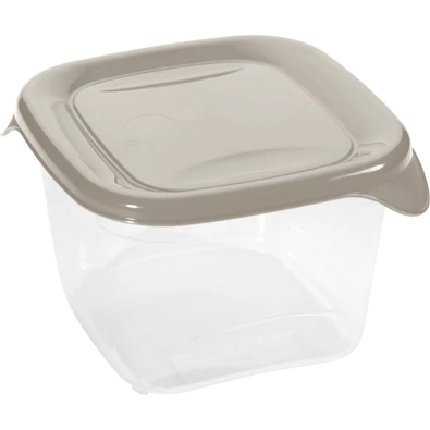 Átlátszó műanyag ételtároló doboz bézs fedéllel és praktikus füllel. Könnyen zárható, ideális ételek frissen tartására, tárolására vagy szállítására a mindennapokban.