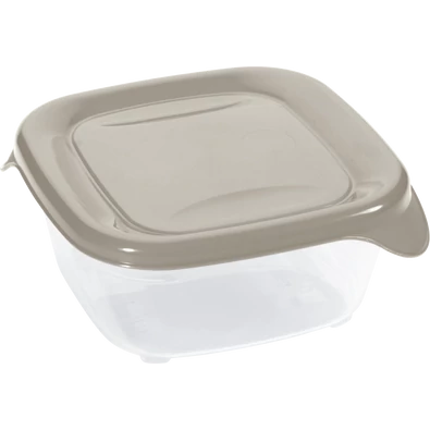 Átlátszó műanyag ételtároló doboz bézs fedéllel és kényelmes füllel. Praktikus megoldás ételek frissen tartására, szállítására vagy fagyasztására otthoni használatra.