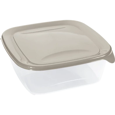 Átlátszó műanyag ételtároló doboz 1,7 liter űrtartalommal, bézs színű fedéllel. Ideális nagyobb mennyiségű étel frissen tartására, tárolására vagy szállítására a mindennapi használat során.