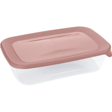 Átlátszó műanyag ételtároló doboz rózsaszín fedéllel. Ideális ételek frissen tartásához, hűtőben vagy útközben való tároláshoz. Praktikus, légmentesen záródó kialakítás.