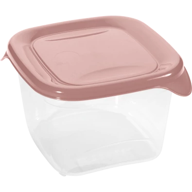 Átlátszó műanyag ételtároló doboz 1,2 liter űrtartalommal, rózsaszín fedéllel és oldalsó füllel. Praktikus megoldás friss ételek tárolásához, hűtéséhez vagy szállításához.