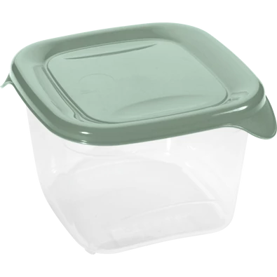 Átlátszó műanyag ételtároló doboz 1,2 liter űrtartalommal, zöld fedéllel és oldalsó füllel. Kiváló friss ételek tárolására, szállítására vagy hűtőben való elhelyezésére.