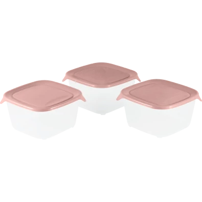 Három darab átlátszó műanyag ételtároló doboz rózsaszín fedéllel, egyenként 1,2 liter űrtartalommal. Ideális készlet ételek frissen tartásához, rendszerezéséhez és szállításához.