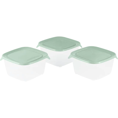 Három darab átlátszó műanyag ételtároló doboz zöld színű fedéllel, egyenként 1,2 liter űrtartalommal. Praktikus készlet friss ételek tárolására, rendszerezésére vagy szállítására.