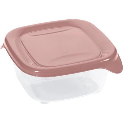 Átlátszó műanyag ételtároló doboz rózsaszín fedéllel és oldalsó füllel. Praktikus konyhai eszköz friss ételek higiénikus tárolására, szállítására vagy hűtésére.