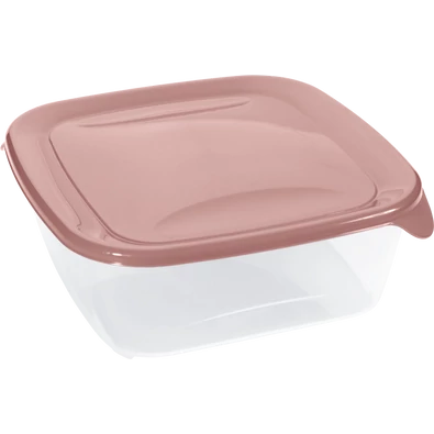 Átlátszó műanyag ételtároló doboz 1,7 liter űrtartalommal, rózsaszín fedéllel. Praktikus megoldás nagyobb mennyiségű étel friss tárolásához, szállításához vagy hűtéséhez.