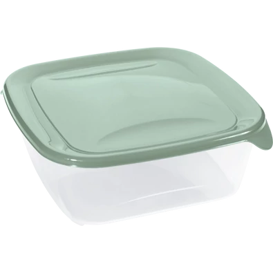 Átlátszó műanyag ételtároló doboz 1,7 liter űrtartalommal, zöld színű fedéllel. Kiváló választás nagyobb adag ételek higiénikus tárolására, hűtésére vagy szállítására.