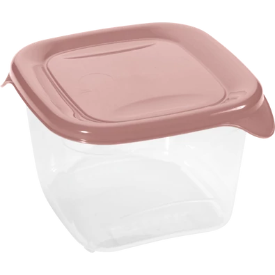 Átlátszó műanyag ételtároló doboz rózsaszín fedéllel és praktikus oldalsó füllel. Ideális friss ételek higiénikus tárolására, hűtésére vagy szállítására a mindennapi használat során.