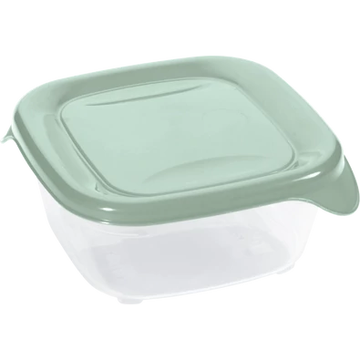 Átlátszó műanyag ételtároló doboz világoszöld fedéllel és oldalsó füllel. Tökéletes választás ételek frissen tartásához, tárolásához vagy kényelmes szállításához.