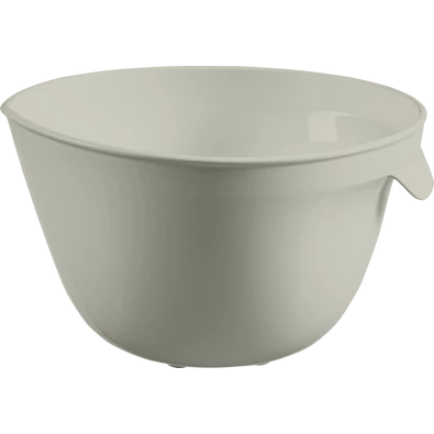 Bézs színű, 3,5 liter űrtartalmú műanyag keverőtál oldalsó fogantyúval. Nagyobb mennyiségű tészta, saláta vagy egyéb alapanyag kényelmes előkészítéséhez ideális konyhai eszköz.