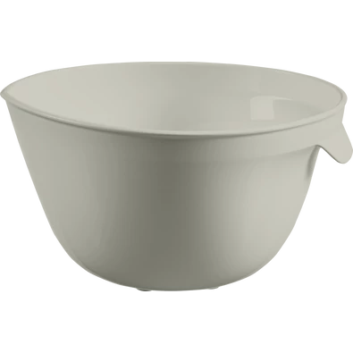 Bézs színű, 2,5 liter űrtartalmú műanyag keverőtál praktikus fogantyúval. Ideális alapanyagok előkészítéséhez, tészták, saláták vagy szószok keveréséhez a konyhában.