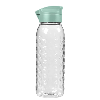 Átlátszó tritán kulacs, 0,45 literes űrtartalommal, zöld csavaros kupakkal. A Dots mintás oldalának köszönhetően stílusos és praktikus, könnyen tisztítható, mosogatógépben is mosható.