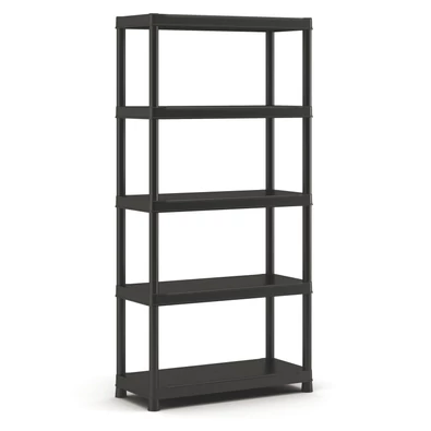 Fekete műanyag polcrendszer öt polccal, mérete 90 cm széles és 182 cm magas, ideális garázsok, pincék vagy háztartási helyiségek rendszerezésére. Strapabíró és könnyen összeállítható.