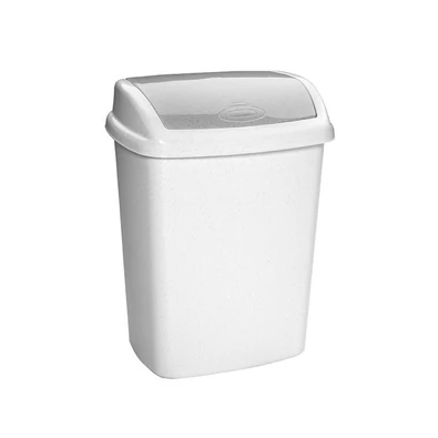 Fehér, műanyag CURVER 'DOMINIK' szemetes, 25 literes űrtartalommal, billenő fedeles kialakítással a láthatatlan hulladék tárolásához, lakásban vagy közösségi terekben való használatra.