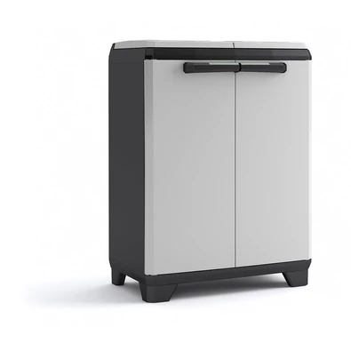 KETER 'SPLIT PREMIUM' szelektív hulladékgyűjtő műanyag tároló, modern, szürke és fekete színben, zárható rekeszekkel és puha tapintású fogantyúkkal, fehér háttéren fotózva, ergonómikus kialakítással a kényelmes használatért.