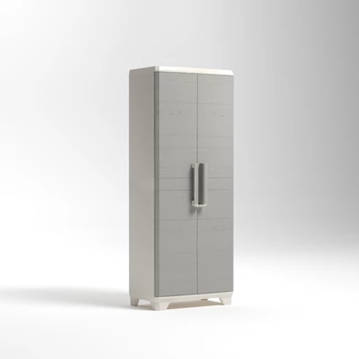 KETER 'LINEAR WOOD TALL' műanyag szekrény, világos bézs/sárga színben, modern dizájnnal és zárható fogantyúkkal, állítható polcokkal, 173 cm magas és 68 cm széles, fehér háttéren fényképezve.