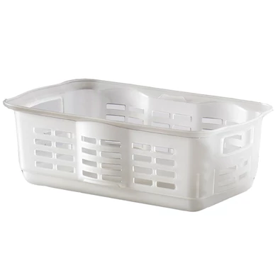 Fehér műanyag tárolókosár, vízszintes rácsszerkezettel, S méretben. Hosszúsága 31,2 cm, szélessége 18,1 cm, magassága 10,6 cm. Ideális rendezett tároláshoz otthon vagy irodában.