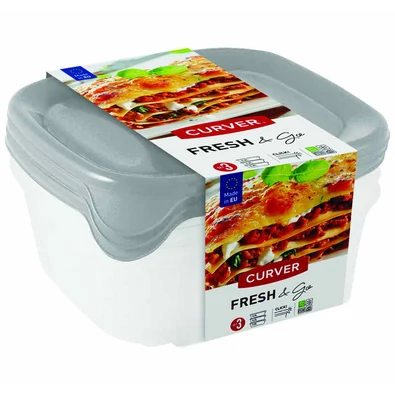 CURVER 'FRESH&GO' szögletes ételtartó szett, 3x0,8L, átlátszó műanyagból készült, szürke fedéllel. Egymásra helyezhető, hűtőben tárolható, mikrohullámú sütőben használható, mosogatógépben tisztítható, praktikus tárolásra.