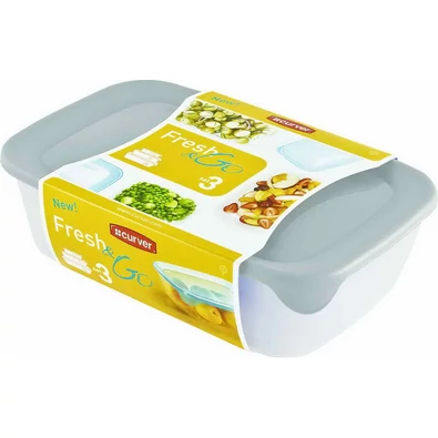 Szögletes „Fresh&Go” ételtartó szett, amely 0,5L, 1L és 2L űrtartalmú dobozokat tartalmaz. Az átlátszó műanyag oldalfalak lehetővé teszik a belső tartalom láthatóságát, míg a szürke fedél praktikus használatot biztosít.