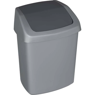 Szürke CURVER 'SWING TOP' billenő fedeles szemetes, 15 literes űrtartalommal, modern formával és egyszerű használattal, ideális konyhákhoz és fürdőszobákhoz, fehér háttéren fotózva.