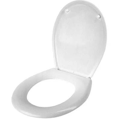 Fehér Curver komfort WC ülőke, nyitott állapotban, sima felületű, 44,5 cm hosszú és 39,5 cm széles, modern fürdőszobai környezethez ideális.