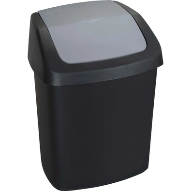 Fekete CURVER 'SWING TOP' billenő fedeles szemetes, 15L űrtartalommal, minimalista designnal. A levehető fedél egyszerűsíti a szemeteszsák cseréjét, ideális konyhába vagy fürdőszobába.