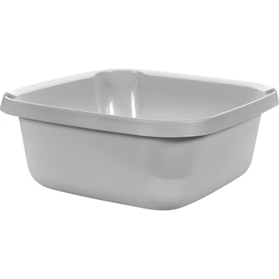 Szürke, szögletes műanyag tál, 12 literes űrtartalommal, 36 cm hosszú és széles, 15 cm magas. Praktikus konyhai, fürdőszobai vagy kerti használatra, fehér háttéren fotózva.