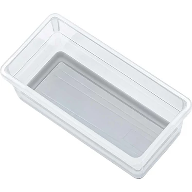 Átlátszó műanyag csúszásgátló rendszerező doboz, 15 cm hosszú, 7,5 cm széles és 5 cm magas, ideális konyhai vagy fürdőszobai fiókok rendezésére. A csúszásgátló alja biztosítja a stabilitást.