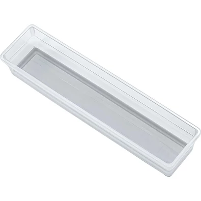 Átlátszó műanyag csúszásgátló rendszerező doboz, 30 cm hosszú, 7,5 cm széles és 5 cm magas. Tökéletes a fiókok rendben tartásához, konyhában, fürdőszobában vagy irodában használható.