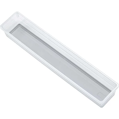 Átlátszó műanyag rendszerező, csúszásgátló aljjal, hossza 37,5 cm, szélessége 7,5 cm és magassága 5 cm. Ideális fiókok tartalmának rendezésére a konyhában, fürdőszobában vagy irodában.