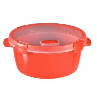 Piros, 1,6 literes CURVER 'SMART ECO' kerek ételtartó, mikrohullámú sütőben való használatra tervezve. A fedélben lévő szelep lehetővé teszi a gőz kiengedését melegítés közben, praktikus tárolási megoldás.