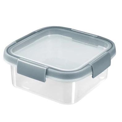Szürke, négyszögletes, 0,9L űrtartalmú ételtartó átlátszó műanyagból, zárható fedéllel. Ideális maradékok, szendvicsek és zöldségek tárolására a hűtőszekrényben vagy fagyasztóban.