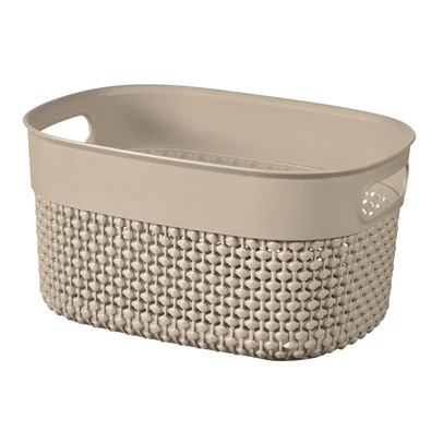 Krémszínű, horgolt hatású CURVER 'FILO RECYCLED' XS kosár, 3,5 literes űrtartalommal, ovális formában. Két fogantyúval könnyen mozgatható, ideális tárolásra kozmetikumoknak vagy konyhai eszközöknek. Fehér háttéren fotózva. Krémszínű, horgolt hatású CURVER 'FILO RECYCLED' XS kosár, 3,5 literes űrtartalommal, ovális formában. Két fogantyúval könnyen mozgatható, ideális tárolásra kozmetikumoknak vagy konyhai eszközöknek. Fehér háttéren fotózva.