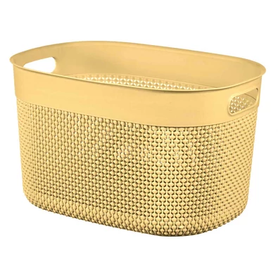 Sárga, horgolt mintázatú CURVER „FILO RECYCLED” kosár, 18 literes űrtartalommal. Ovális formája és kifinomult megjelenése tökéletes tárolást biztosít kozmetikumoknak vagy konyhai eszközöknek, fehér háttéren látható. Sárga, horgolt mintázatú CURVER „FILO RECYCLED” kosár, 18 literes űrtartalommal. Ovális formája és kifinomult megjelenése tökéletes tárolást biztosít kozmetikumoknak vagy konyhai eszközöknek, fehér háttéren látható.