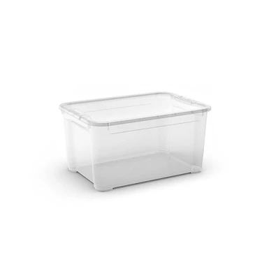 Átlátszó műanyag tárolódoboz, fedéllel, 47 literes űrtartalommal, ergonomikus kialakítással és pattintós záródással. Ideális napi használati tárgyak tárolására, könnyen mozgatható fogantyúkkal. Fehér háttéren fotózva. Átlátszó műanyag tárolódoboz, fedéllel, 47 literes űrtartalommal, ergonomikus kialakítással és pattintós záródással. Ideális napi használati tárgyak tárolására, könnyen mozgatható fogantyúkkal. Fehér háttéren fotózva.